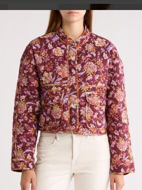7 For All Mankind Burgundy Floral Quilted Cropped Jacket